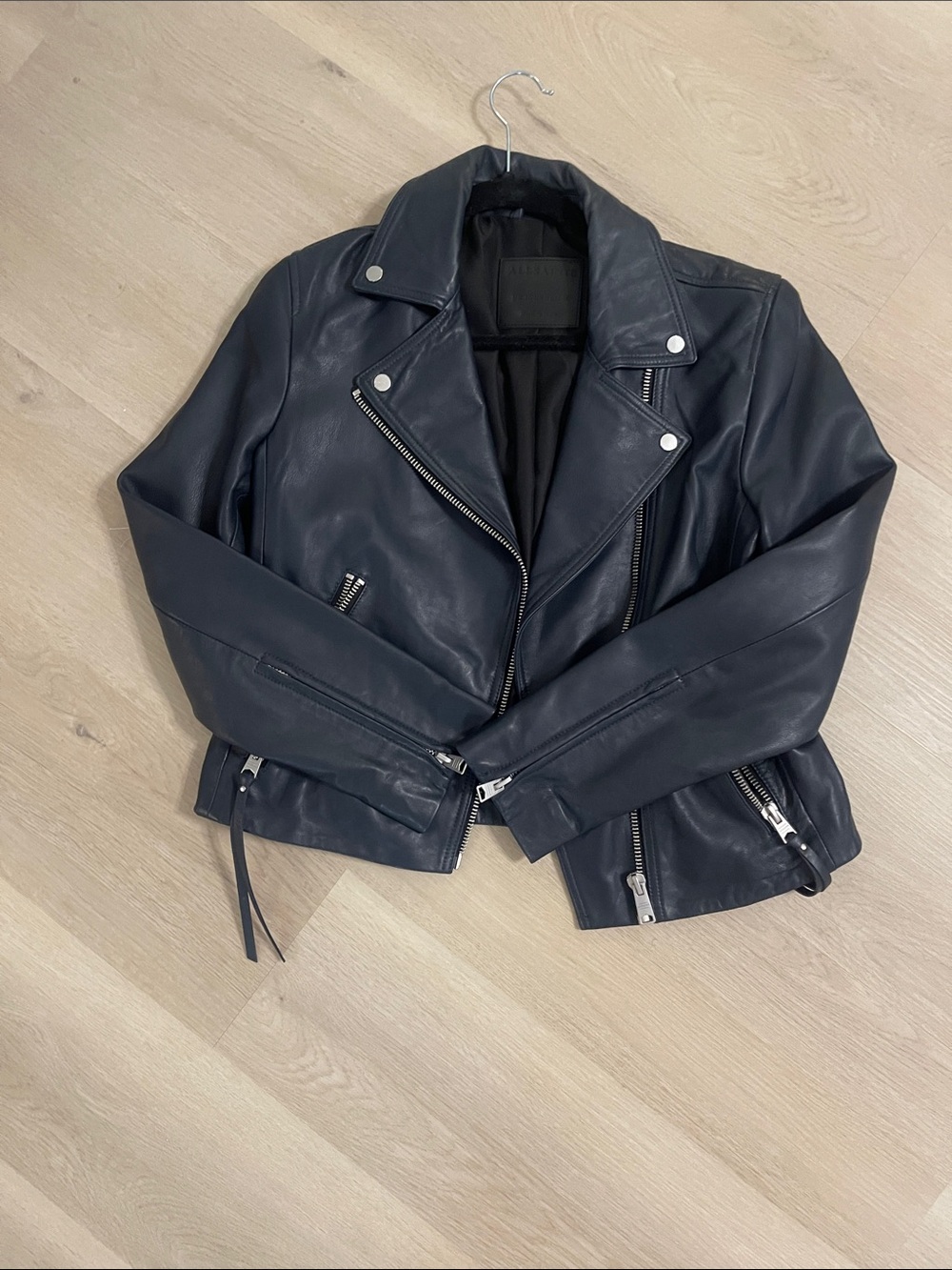 All Saints Dalby Navy Blue Leather Moto Jacket - Picture 4 of 11